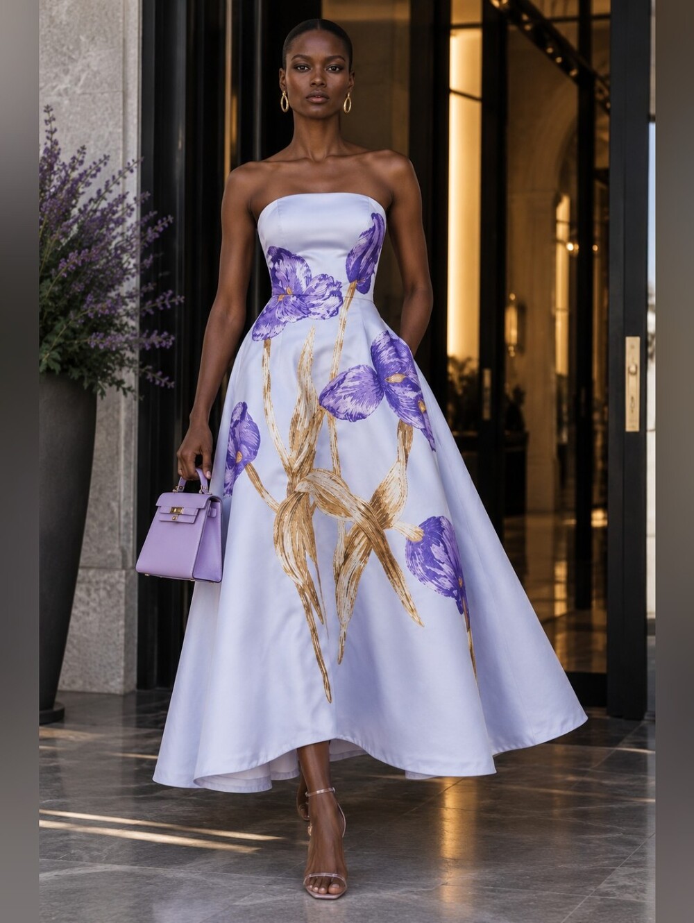 Strapless Lavender Floral Cinch Waist Statement Maxi Dress M
